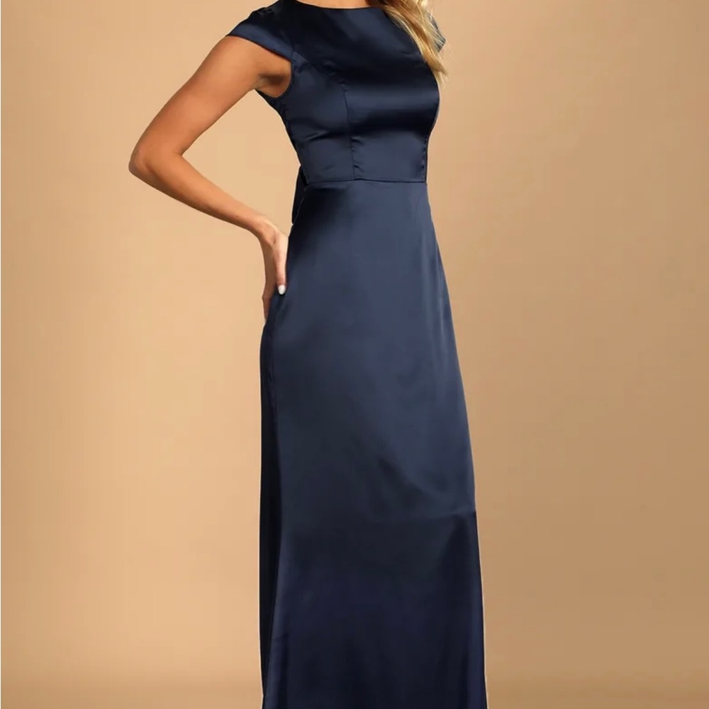 LULUS Navy Blue Satin Tie Back Gown Size XL